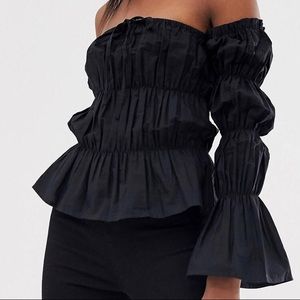 NWOT .Ruched tie front off shoulder top